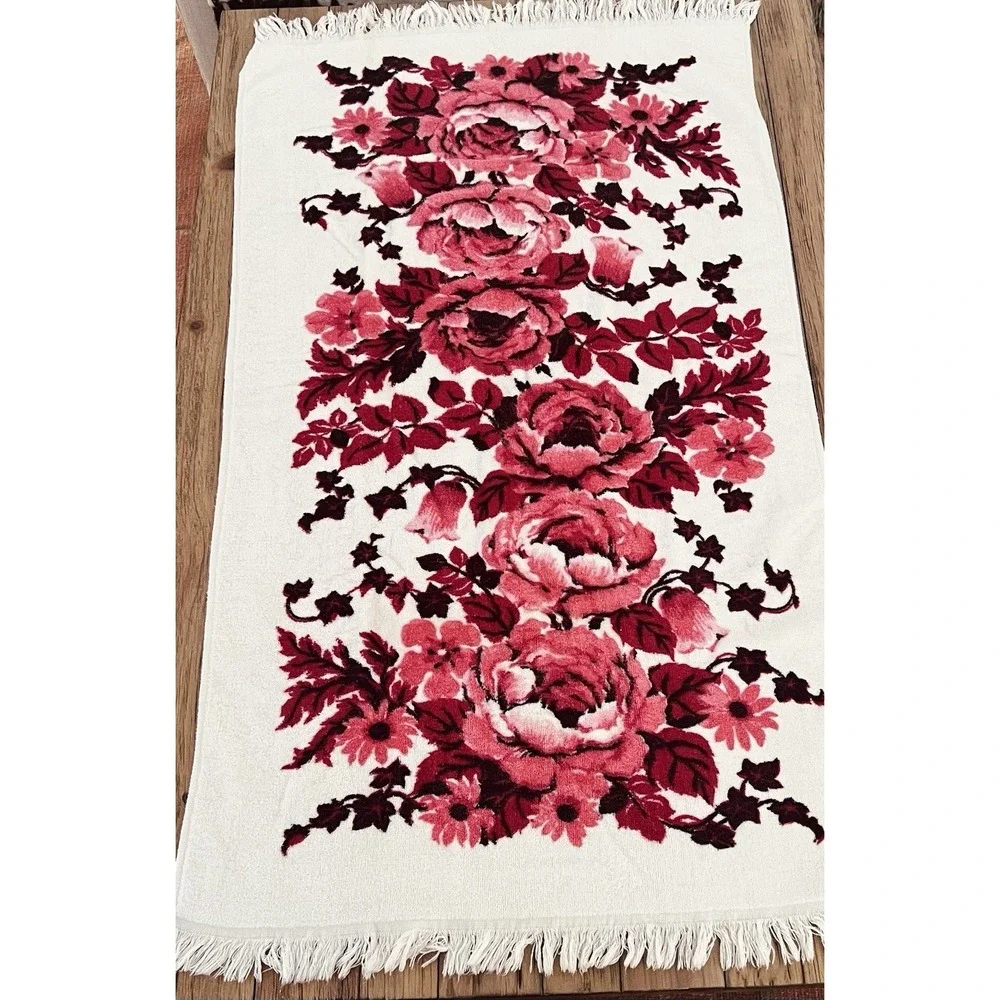 2 vintage Cannon USA made cotton towel pink red roses floral fringe cottagecore